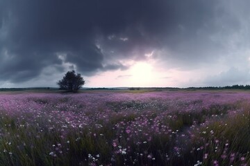 violet sky gray field 360 HDRI. environment, panorama, 3d rendering. Generative AI