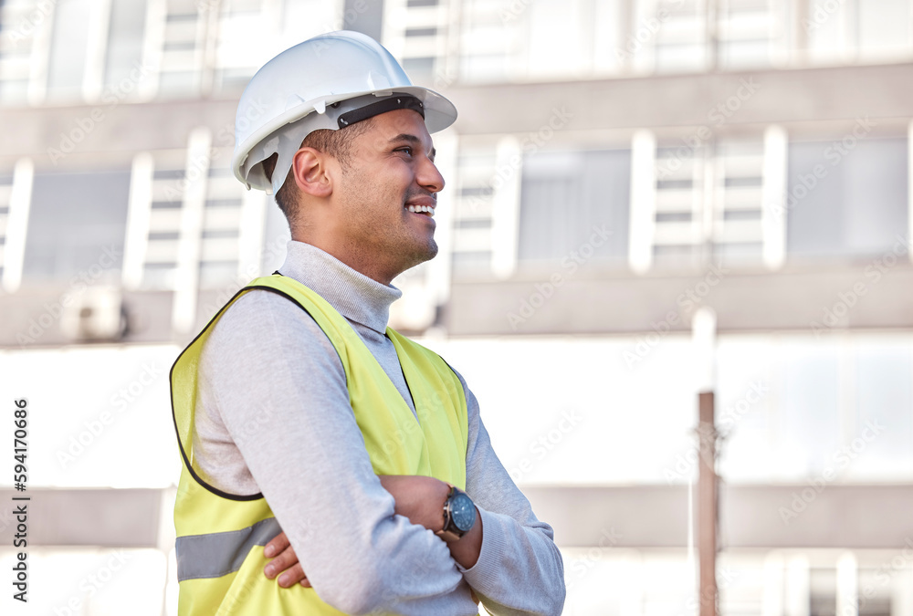 Poster construction worker, vision or arms crossed and a man architect standing on a building site with vis