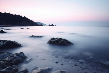 Fototapeta na wymiar Long exposure of the sea and rocks in the foreground at sunset, Generative AI