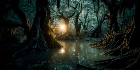 cursed swamp with twisted trees and murky waters, with ghostly apparitions and a full moon casting an eerie glow, evoking a sense of dread and foreboding. Generative AI