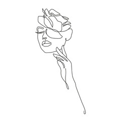 Woman Face with Flower One Line Drawing. Female Portrait Minimalist Style. Botanical Print. Nature Trendy Symbol for Cosmetics. Continuous Line Art. Fashion Minimal Print. Beauty Logo. 