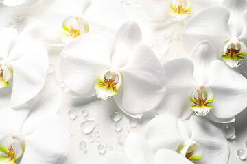 Fototapeta na wymiar Beautiful white orchid flowers on white background, closeup view, Generative AI