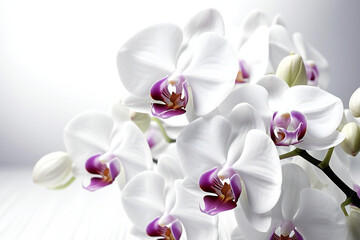 Fototapeta na wymiar White orchids on a white background, Close-up, Generative AI