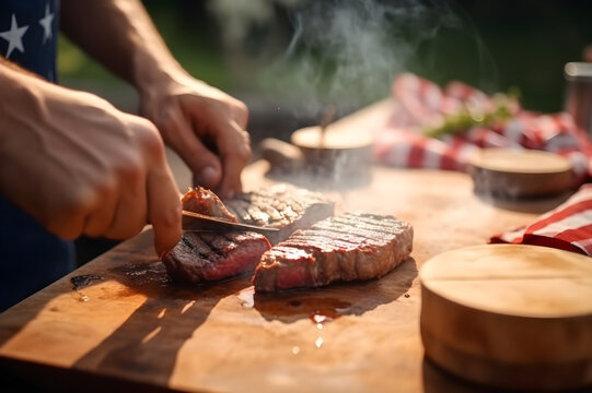 Barbecue on Independence Day in the USA on the background of the flag. Generative AI tehnology