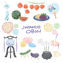 お盆のイラストセット