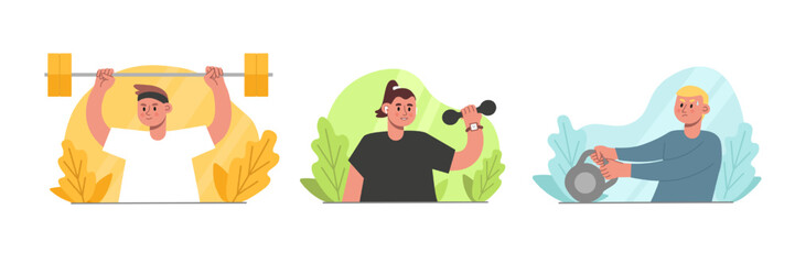 Set of cartoon characters of young people doing sports exercises