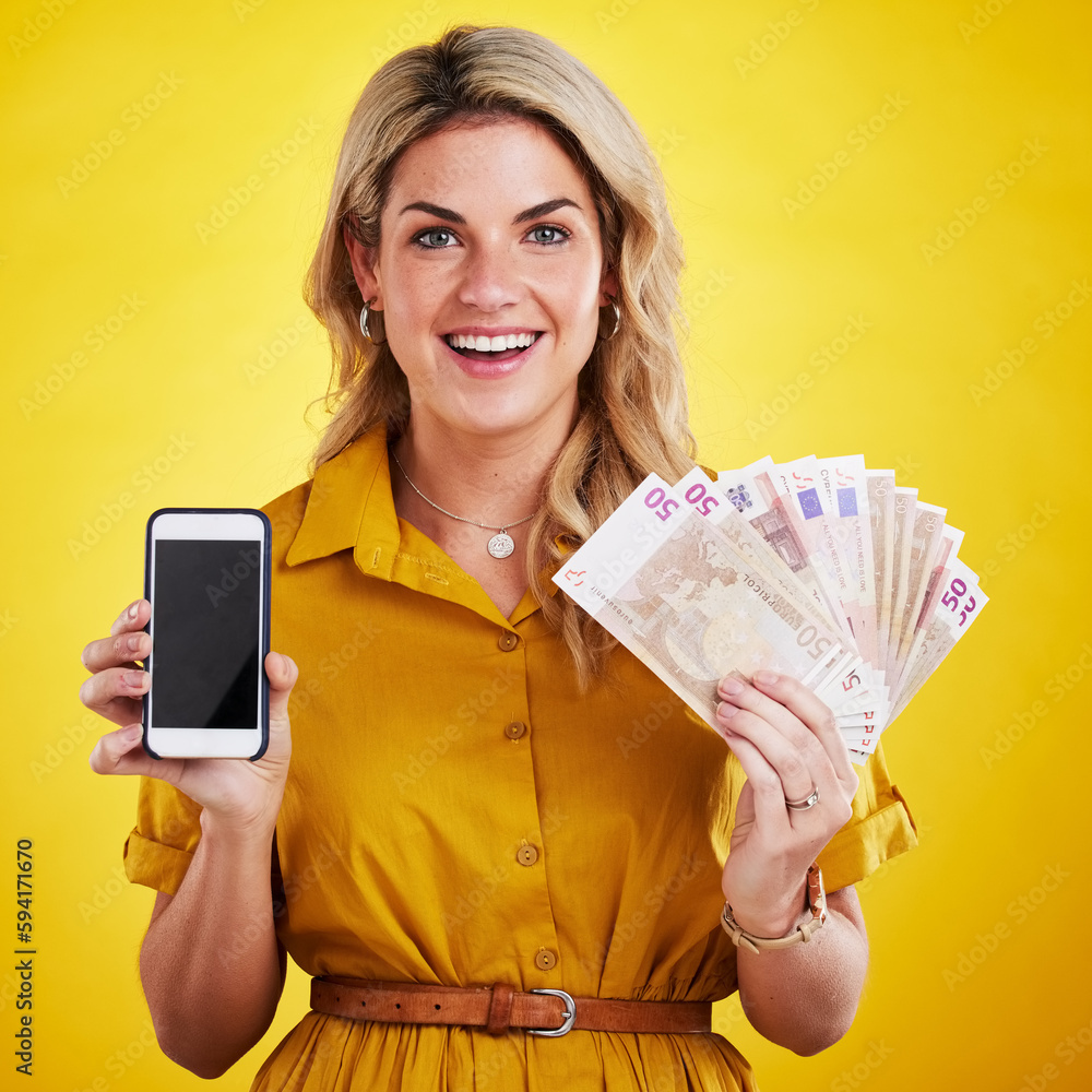 Canvas Prints Portrait, smile and woman with phone and money in studio isolated on a yellow background mockup. Cellphone, euros and happiness of female person with cash after winning lottery, prize or competition