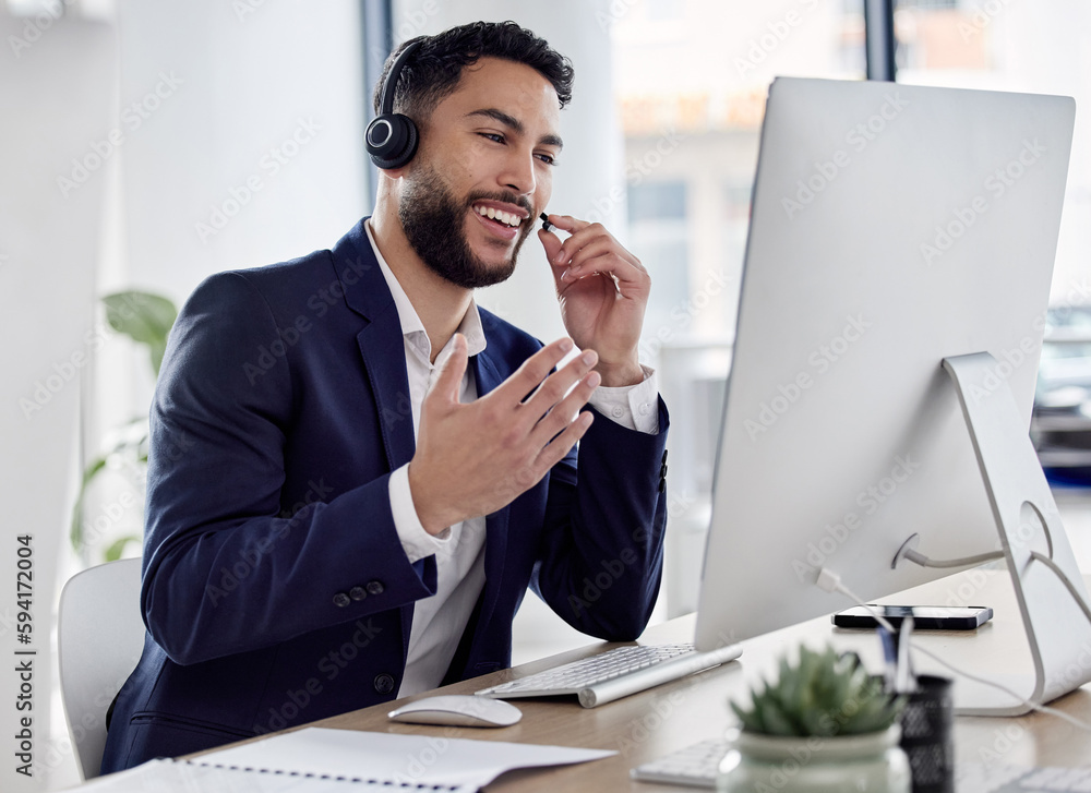 Poster call center, consulting and explain with man in office computer for networking, friendly or customer