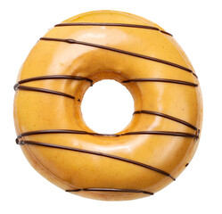 Sweet peanut butter stripes donuts with chocolate on white background, Delicious peanut butter...
