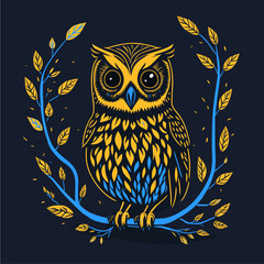 Engraving style blue and yellow owl vector illustration with a branch and leaves. Ideal for use in designing and decorating.