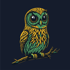 Vibrant green and yellow owl with leafy branch showcased in a beautiful vector engraving illustration. Perfect for design, decoration, and print projects.