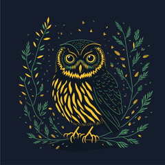 Vector illustration of a owl in green and yellow colors, surrounded by leaves on a branch. Perfect for designing, decorating, and printing.