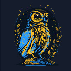 Blue and yellow owl with leaves on a tree branch. Engraving style vector image for design, decoration, and printing purposes.