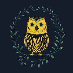 A beautiful green and yellow owl is depicted in this vector illustration. Use it as a template for engraving or as an image for design and decoration purposes.
