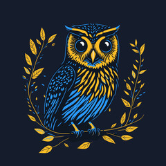 Stunning blue and yellow owl in vector form, perfect for design projects. The engraving template adds a touch of elegance to any decoration or print