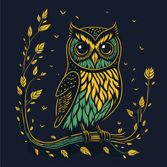 This vector image of a owl with green and yellow feathers perched on a branch surrounded by leaves is perfect for engraving templates or design projects.