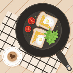 Healthy breakfast in a pan of scrambled eggs with toast