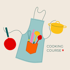Cooking course. Kitchen tools banner in doodle style. Background with hand drawn dishes. Vector poster with cutlery. Cooking classes poster.