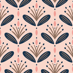 A symmetric flower design with stamen and long bead like stem in a palette of navy, brown, pink over pastel pink. Great for home decor, fabric, wallpaper, gift wrap, stationery, and design projects.