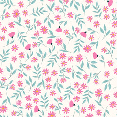 Cute little flowers seamless pattern. Pink flowers on a white floral background. Botanical vector illustration. Liberty style. Garden plants are repetitive.