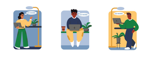 Set of cartoon characters of freelancers with laptops working