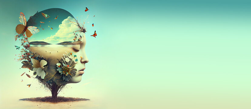 Human brain with landscape and butterflies, connected to nature, self care and mental health concept, positive thinking, creative mind, generative AI 