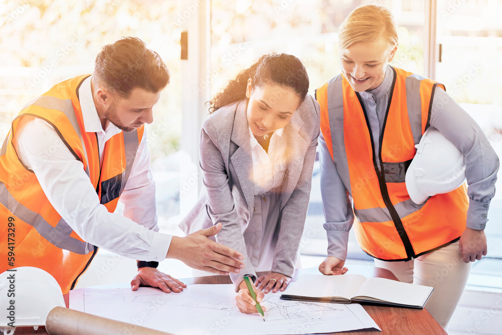 Poster architecture, planning and blueprint with people in office for project management, drawing and engin