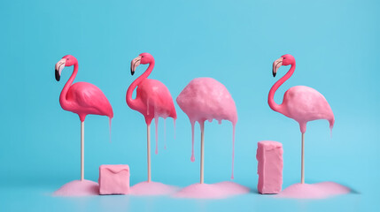Flamingos on a stick with a blue background. Generative AI