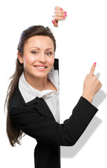 Happy smiling businesswoman with white blank
