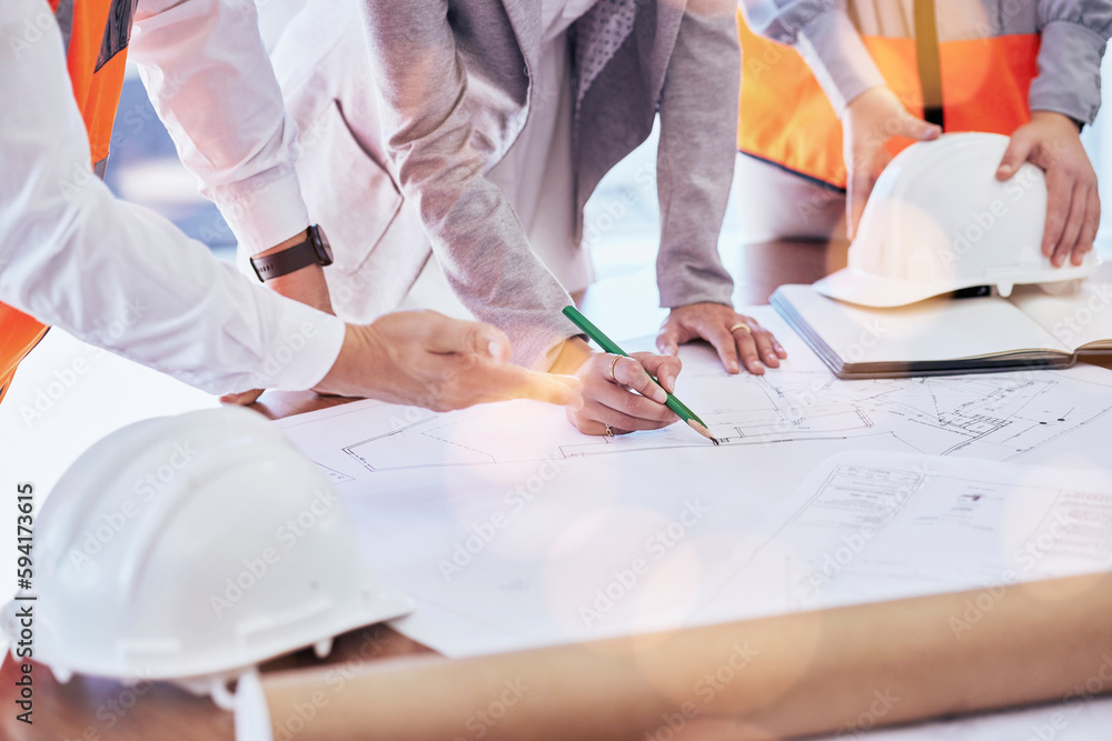 Poster Architecture, planning and blueprint with hands of people for project management, drawing and engineering. Floor plan, documents and teamwork with group of contractors for designer and construction