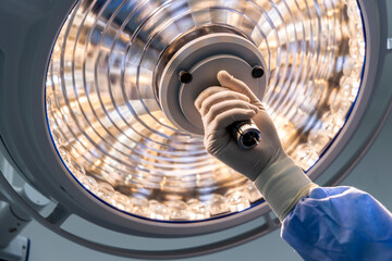 Doctor or surgeon in blue gown holding surgical lamp to adjust light inside operating theatre with...