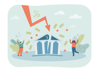Downward arrow splitting bank building vector illustration. Drawing of shocked people with bank, financial failure, stock market crash. Bankruptcy, financial crisis, recession, bank collapse concept
