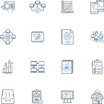 briefing line icons collection. Summary, Meeting, Instructions, Communication, Report, Presentation, Advisory vector and linear illustration. Direction,Discourse,Hearings outline signs set