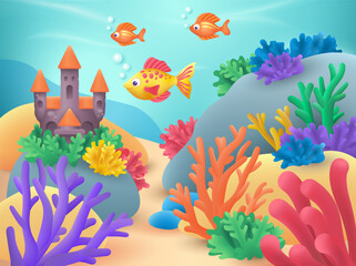 Fototapeta na wymiar Underwater world with cute fish characters 3D illustration. Drawing of corals underwater, sea creatures swimming around sandcastle in 3D style on white background. Summer, nature, wildlife concept
