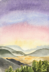 Watercolor landscape pink sunset in the mountains, view from the mountain from above