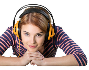 Pretty woman listening Music in Headphones isolated, copy space