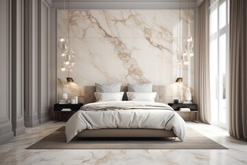 Luxurious large bedroom with marble slabs and a bed in the center. Delicate beige colors - ivory, milk, brown, taupe, generative AI