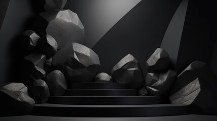 Black geometric Stone and Rock shape background, minimalist mockup for podium display or showcase. Generative AI.