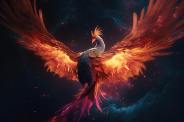 Powerful Epic Legendary Phoenix Spreading Glowing Wing in Universe. Spiritual Animal Awakening Concept.Magical Fantasy Epic Wallpaper, generative AI