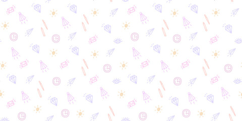 Seamless pattern with doodle elements in pastel colors on a white background in doodle style.