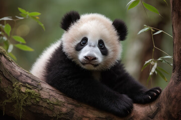 Obraz premium Portrait d'un bébé panda sur un tronc d'arbre » IA générative