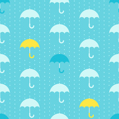 Seamless Pattern with umbrellas and falling raindrops. Flat and simple umbrellas and raindrops on aqua blue background.