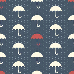 Seamless Pattern with umbrellas and falling raindrops. Flat and simple umbrellas and raindrops on navy background.