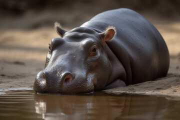 Hippopotame se baignant dans une eau boueuse » IA générative