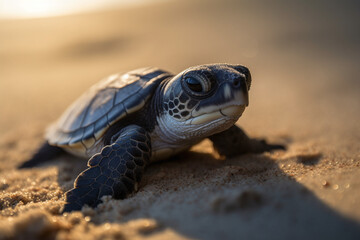 Obraz premium Portrait d'un bébé tortue sur la plage » IA générative