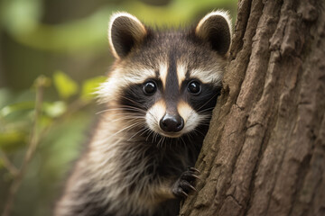 Portrait d'un b&eacute;b&eacute; raton laveur contre un tronc d'arbre  &raquo; IA g&eacute;n&eacute;rative