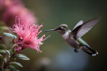 Portrait d'un colibri vert mangeant le nectar d'une fleur rose » IA générative