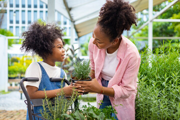 African mother and daughter is choosing vegetable and herb plant from the local garden center nursery with shopping cart full of summer plant for weekend gardening and outdoor concept