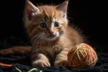 Portrait d'un chaton roux aux yeux bleus jouant avec une pelote de laine » IA générative - obrazy, fototapety, plakaty
