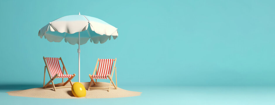 Holiday concept banner with Deck Chairs and Umbrella. Summer background with copy space. Generative AI.